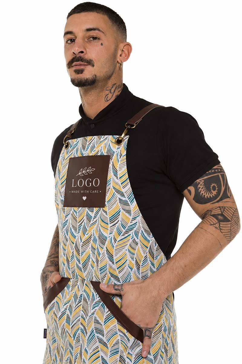Colourful apron personalised with an embroidered logo
