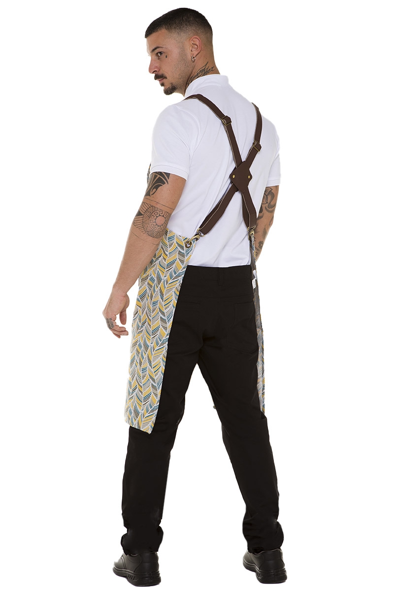 Back of the colourful apron with cross-back braces