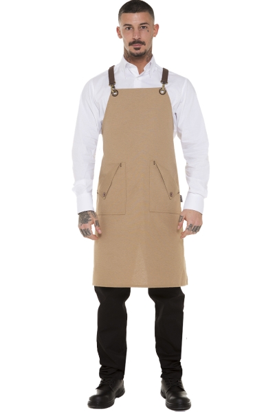 Beige professional apron with faux leather braces