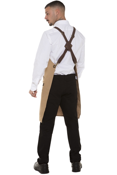 Beige professional apron with faux leather braces 2