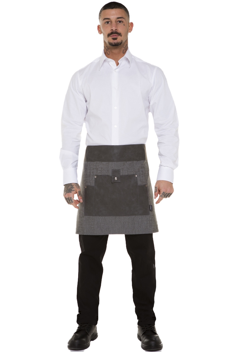 Professionelle kurze graue Bistroschürze mit Kunstlederdetails
