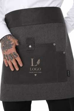 Kurze graue Bistroschürze mit personalisierter Logostickerei
