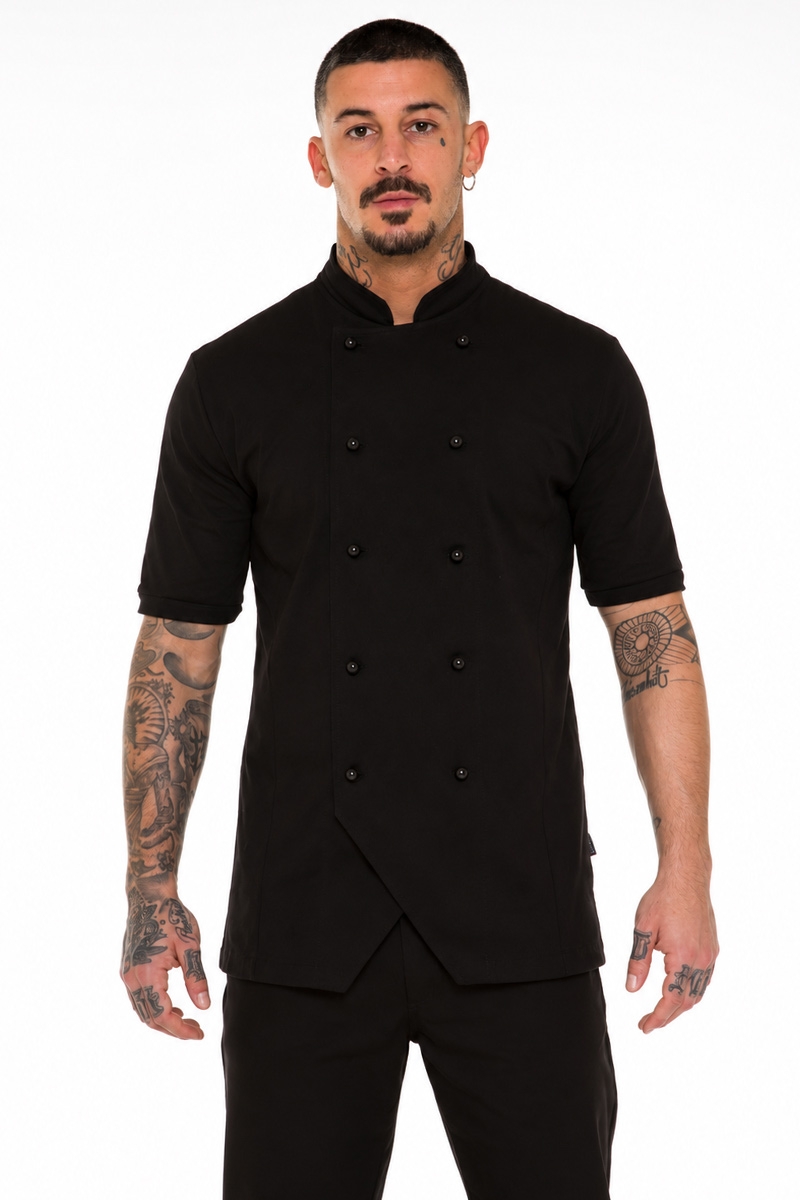 chaqueta de chef negra de algodón piqué con botones de extracción rápida