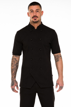 Black cotton piqué chef jacket with quick-release buttons