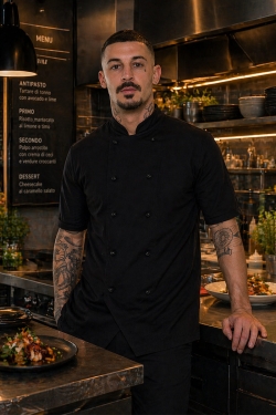 Black chef jacket for open kitchens