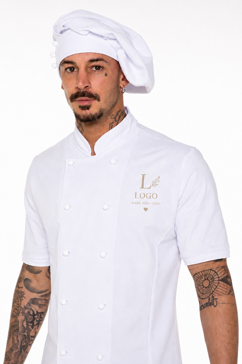 White chef jacket personalised with an embroidered logo