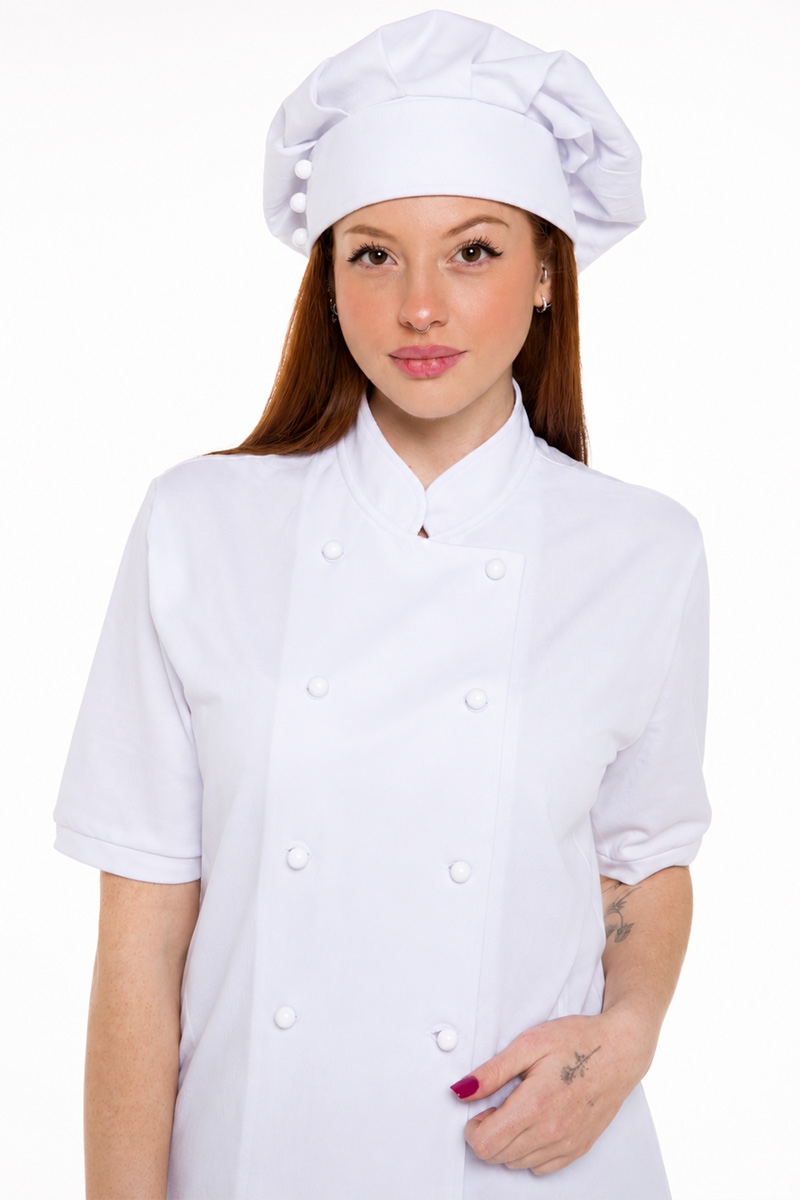 Lightweight white cotton piqué chef jacket worn by a woman