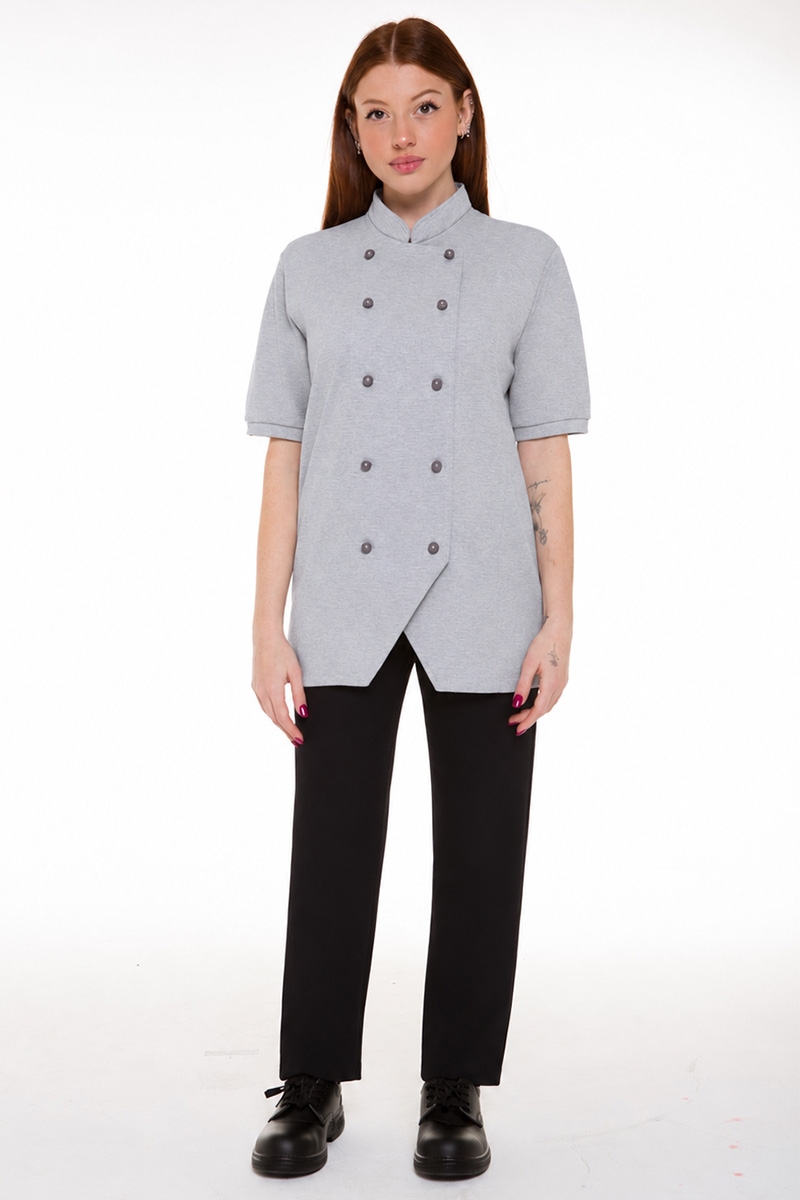 Lightweight grey cotton piqué chef jacket worn by a woman