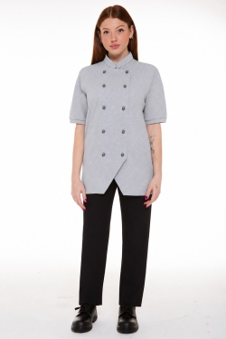 Lightweight grey cotton piqué chef jacket worn by a woman
