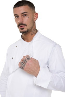 Stainless steel press studs on the white kitchen jacket