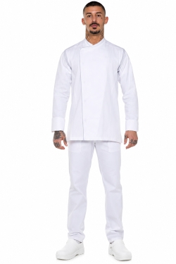 chaqueta de cocina blanca con ribetes reflectantes y botones inoxidables