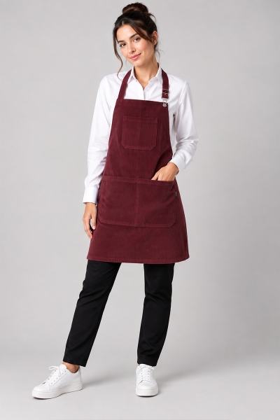 grembiule professionale in velluto bordeaux indossato da donna