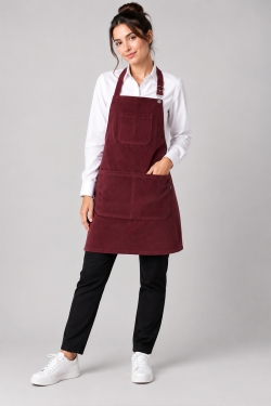 grembiule professionale in velluto bordeaux indossato da donna
