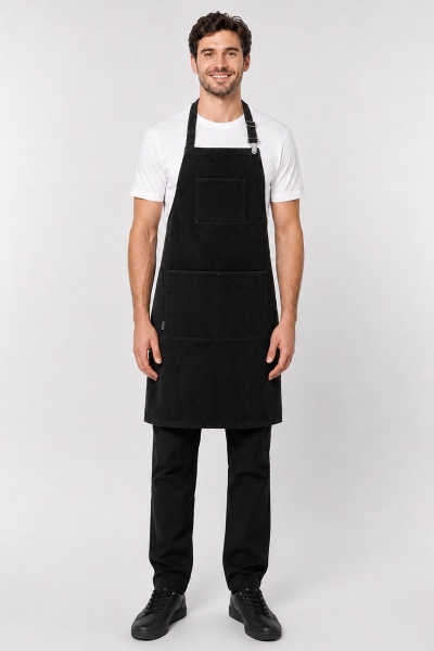 delantal de terciopelo negro con peto y bolsillos 2